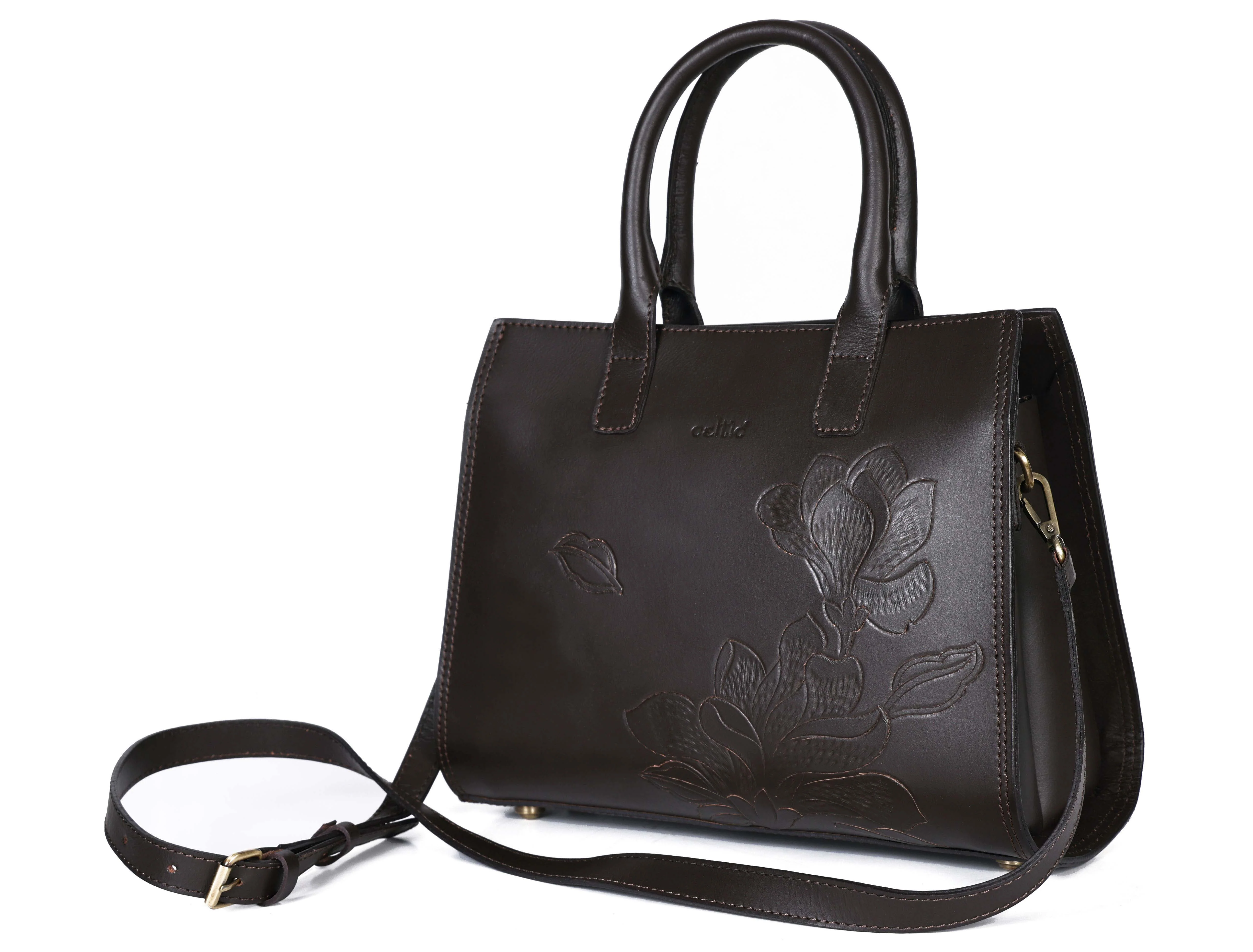 Premium Genuine  Leather Tote with Floral Embossing, Top Handles, Zip Closure - Image 13
