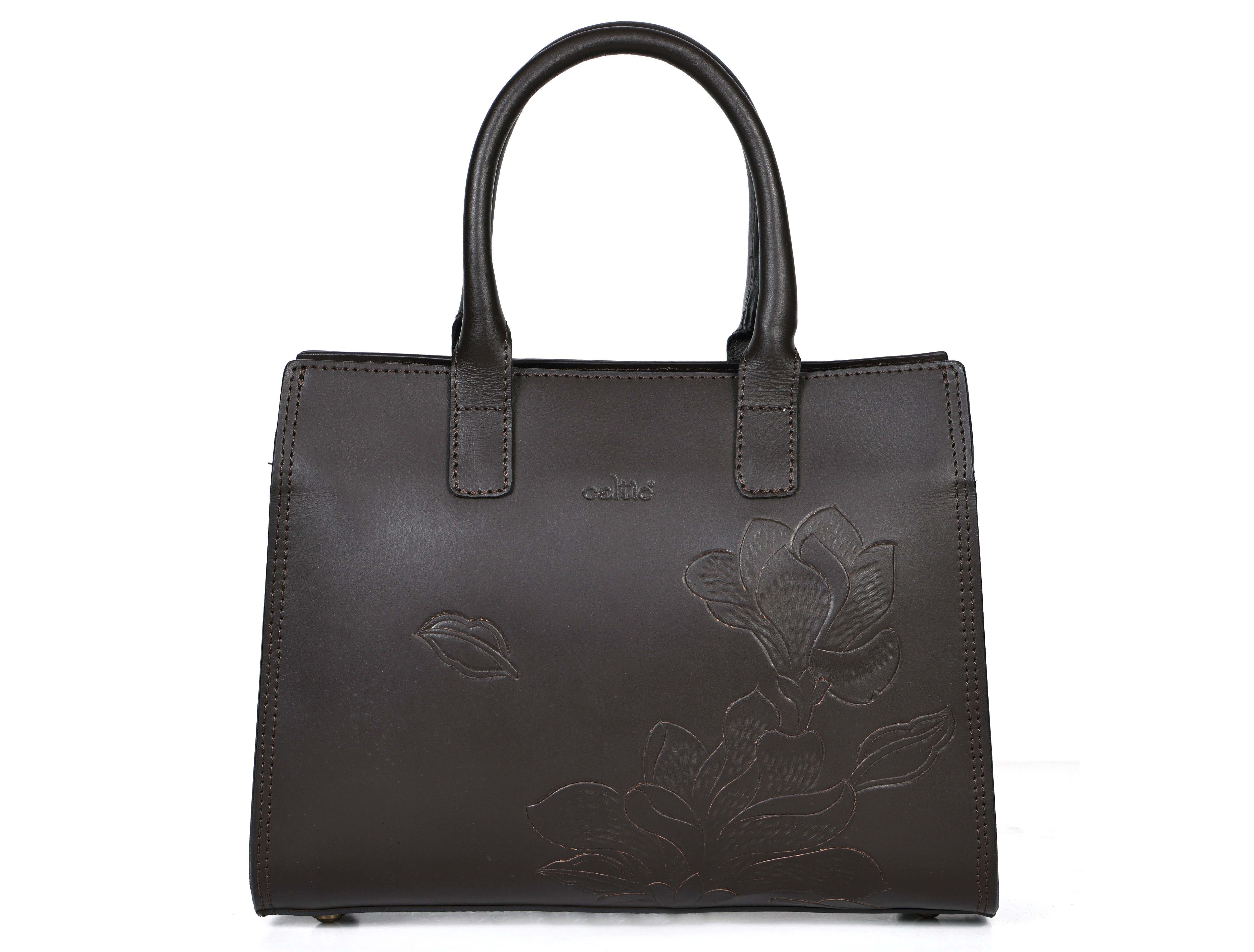Premium Genuine  Leather Tote with Floral Embossing, Top Handles, Zip Closure - Image 15