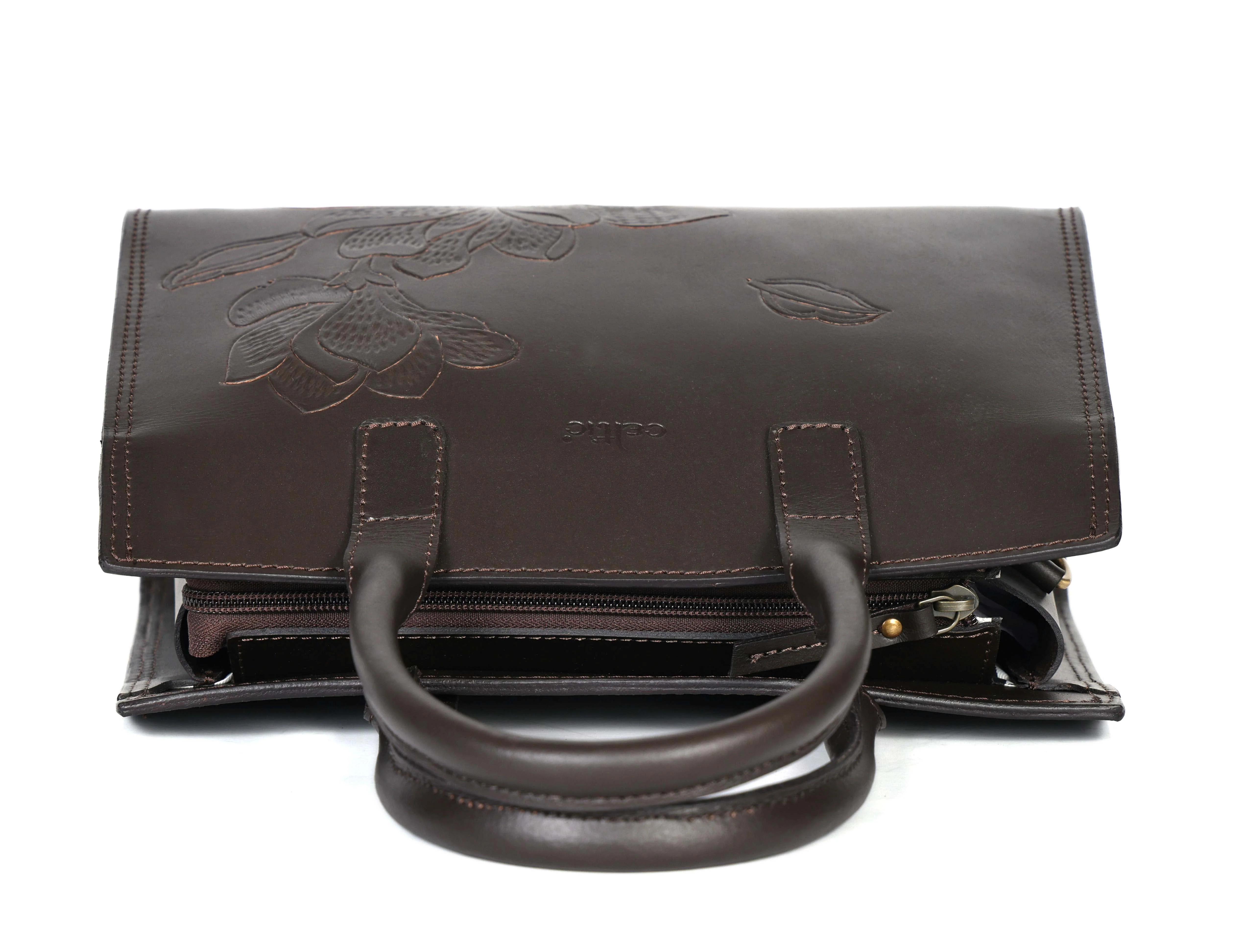 Premium Genuine  Leather Tote with Floral Embossing, Top Handles, Zip Closure - Image 18