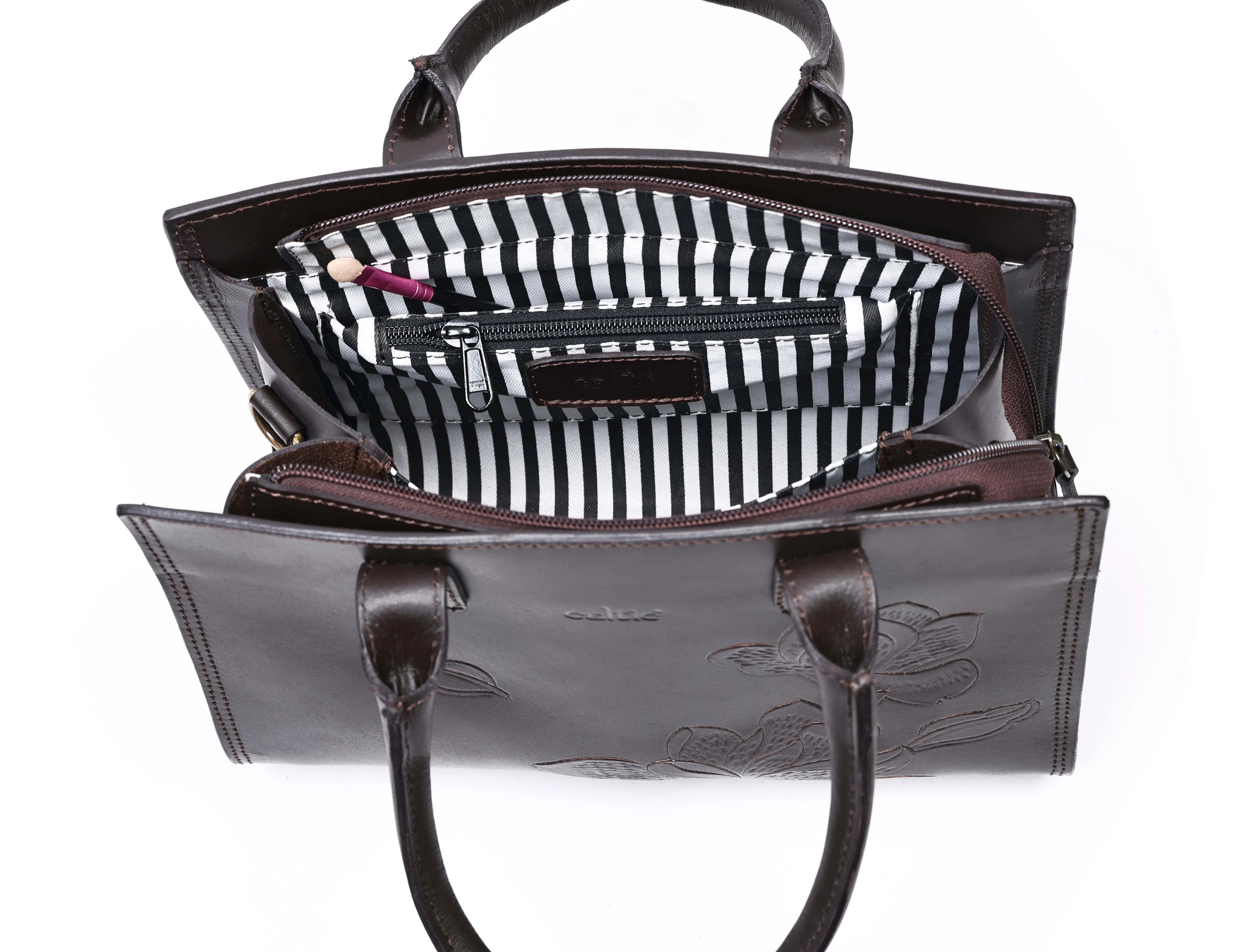 Premium Genuine  Leather Tote with Floral Embossing, Top Handles, Zip Closure - Image 19