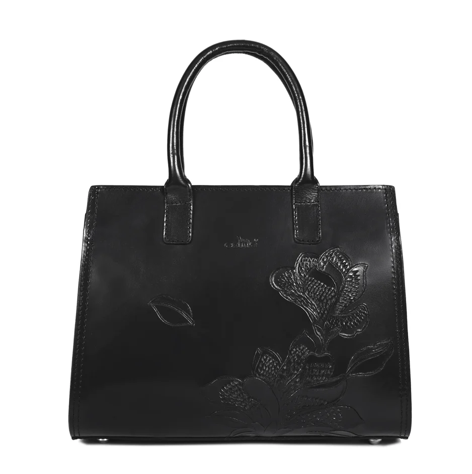 Premium Genuine  Leather Tote with Floral Embossing, Top Handles, Zip Closure - Image 3