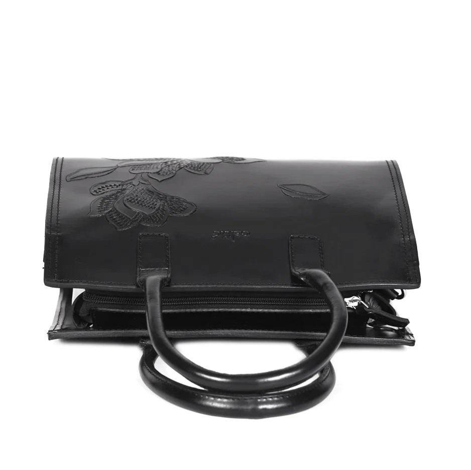 Premium Genuine  Leather Tote with Floral Embossing, Top Handles, Zip Closure - Image 7