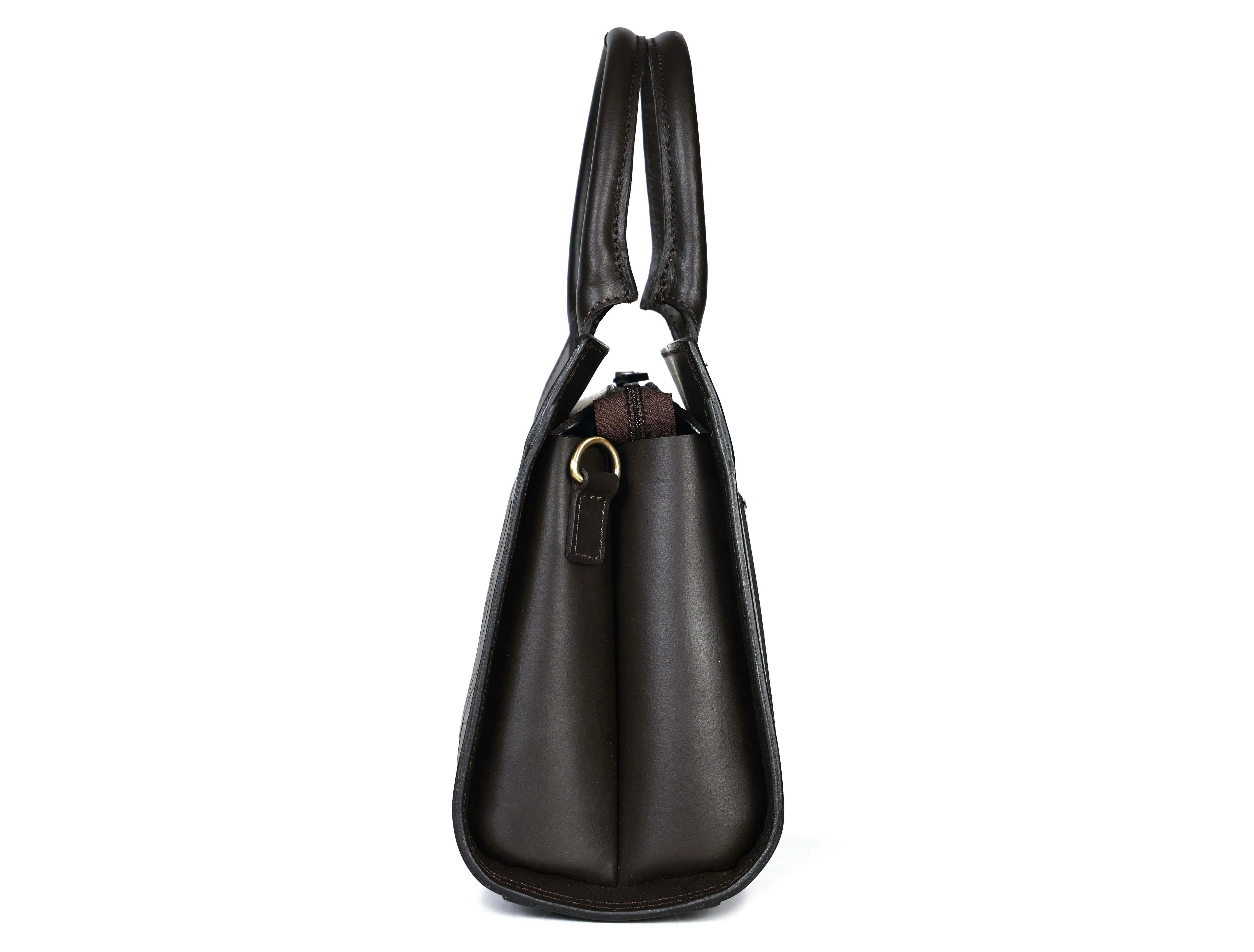 Premium Genuine  Leather Tote with Floral Embossing, Top Handles, Zip Closure - Image 8